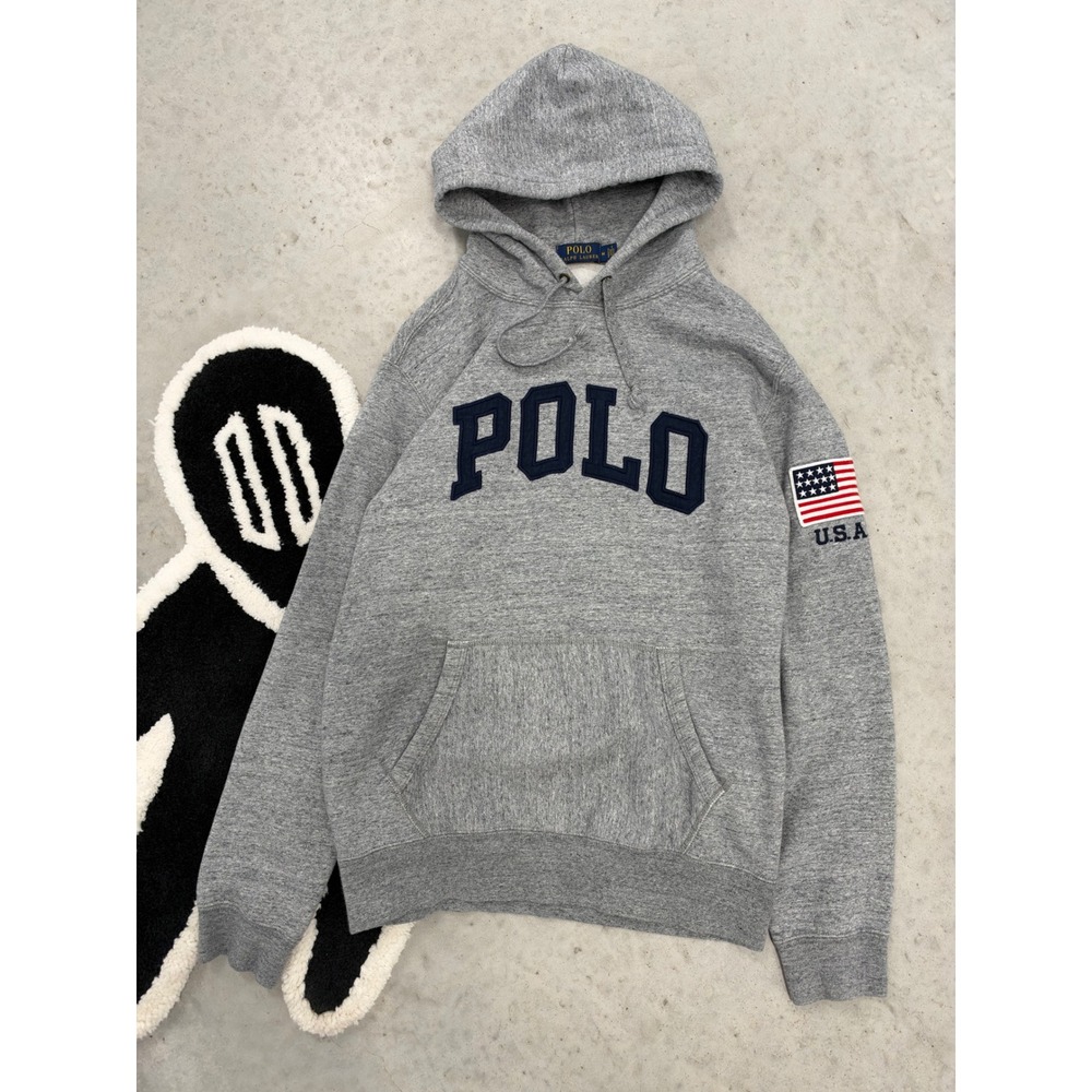 Polo Ralph Lauren Mens Gray Fleece Hoodie USA Flag Patch Sweatshirt Size M